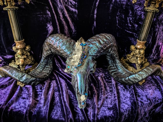 Image of Clear Quartz, Purple/Blue Titanium Quartz, Carborundum & Chalcopyrite- Ram Skull