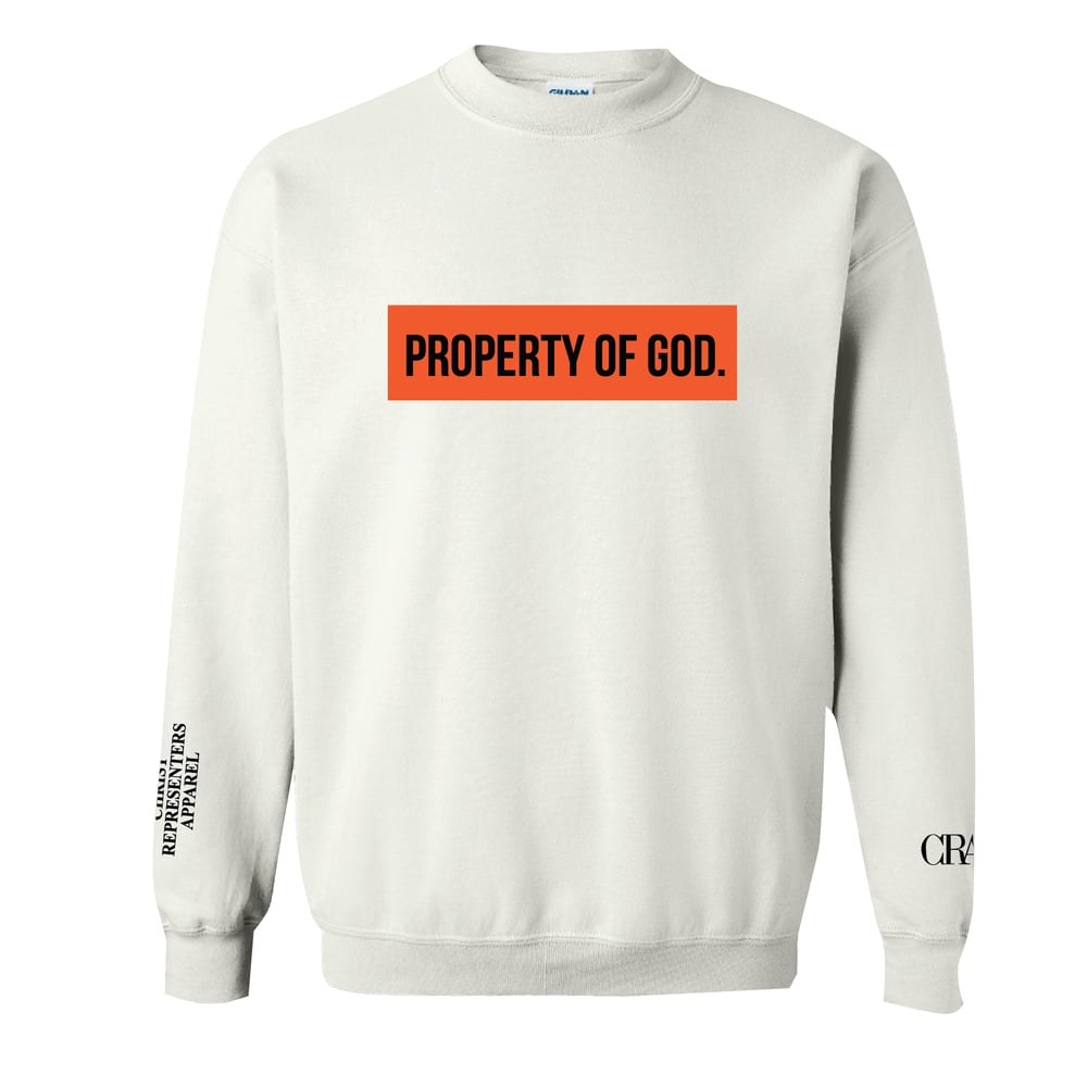 Image of WHITE- " ORANGE BOX PROPERTY OF GOD" SWEATSHIRT