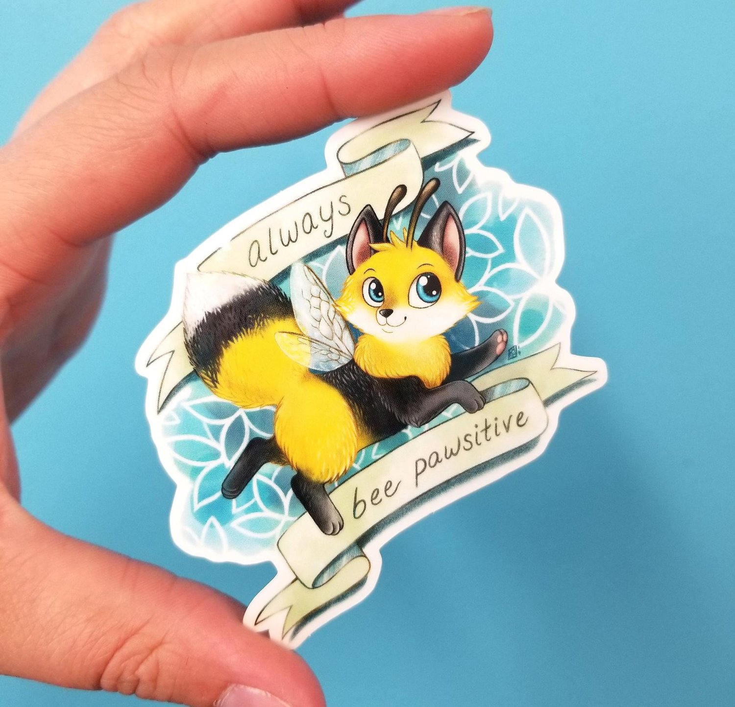 Image of Bumble the foxbee always bee pawsitive waterproof outdoor vinyl sticker decal