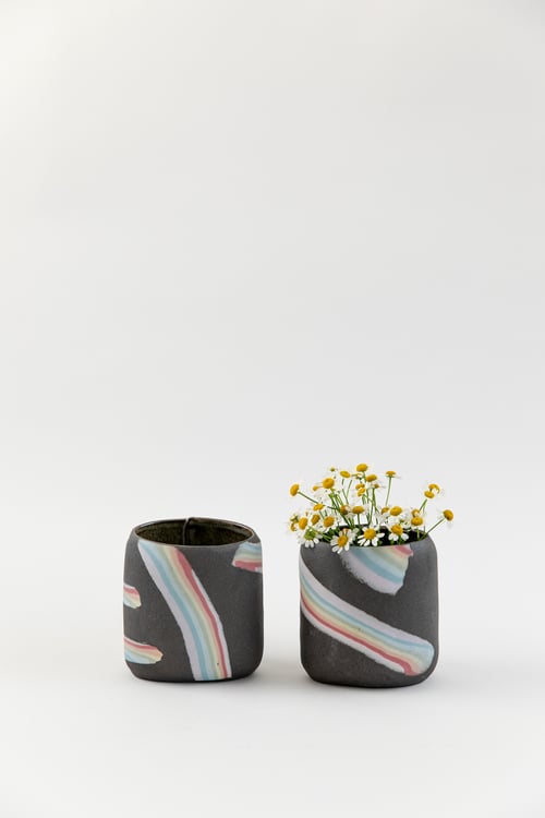 Image of Short Oval Inlay Vase - Rainbow on Dark Sky