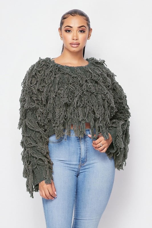 Olive green shaggy sweater top