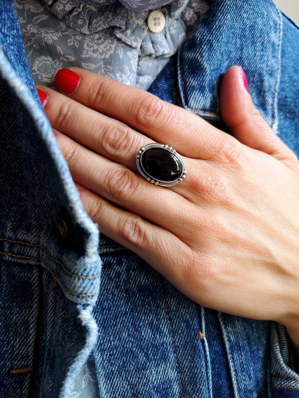 Image of Bague obsidienne noire ref. 7045 - taille 53