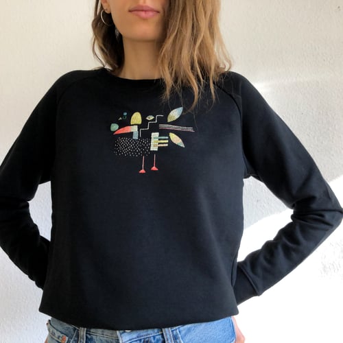 Image of A bird - original hand embroidery on organic cotton sweatshirt, one of a kind