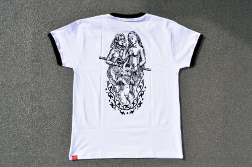 Image of "You, Me & The Devil Makes Three" White Ringer T-Shirt