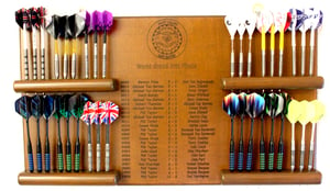 Image of Handcrafted Darts Holder World Grand Prix Engraved Winners Holds 12 Sets Wall Mounted