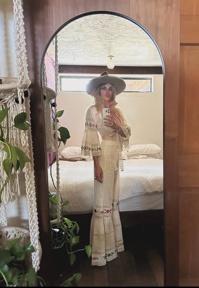 late 1960s Mexican hand embroidered pintucked cotton bellbottom trouser and crop top set