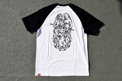 Image of "You, Me & The Devil Makes Three" White Raglan T-Shirt
