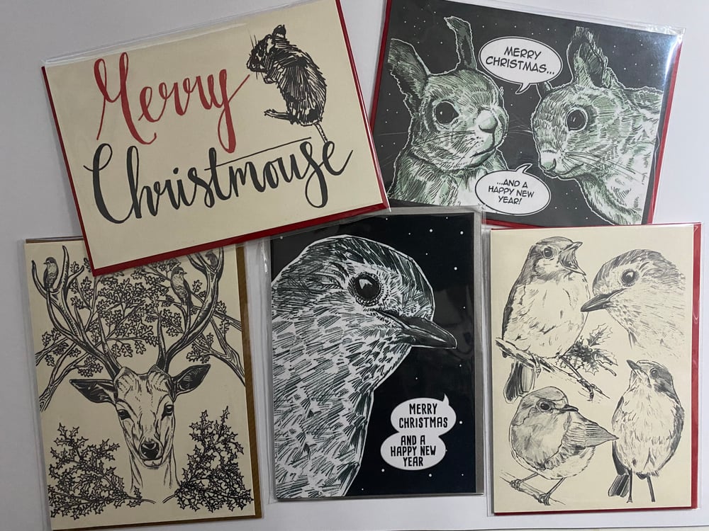 Image of Christmas/Holiday hand drawn wildlife art greetings cards pack of 5.