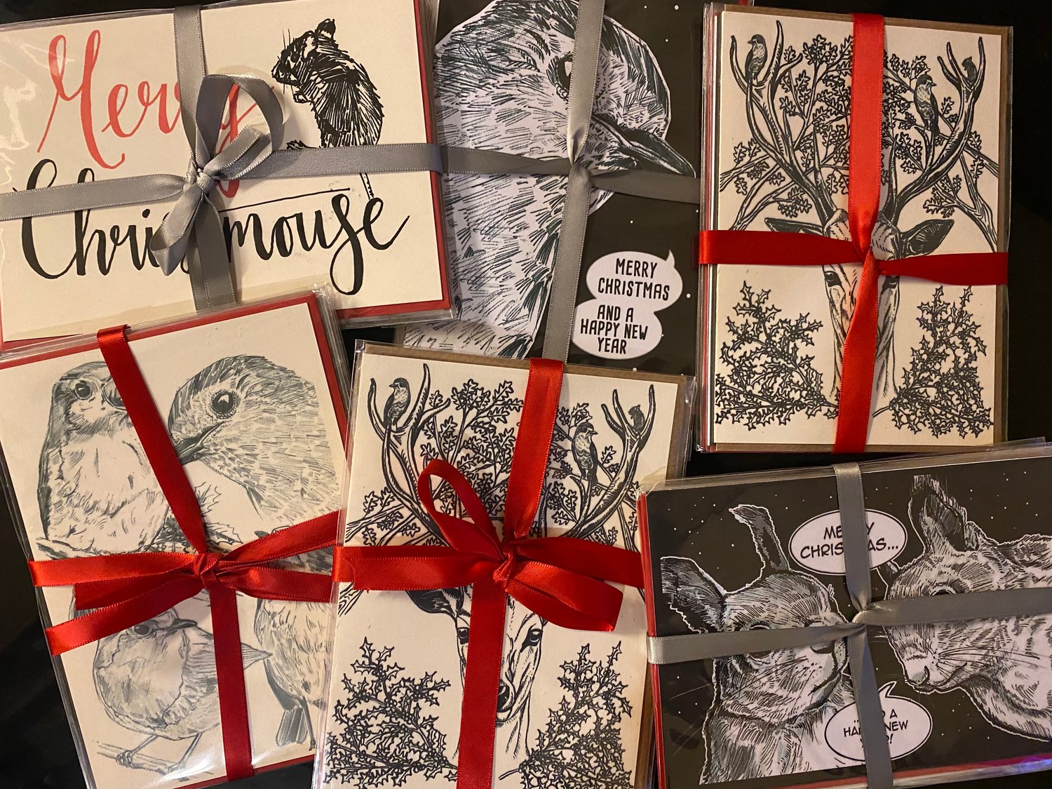 Image of Christmas/Holiday hand drawn wildlife art greetings cards pack of 5.