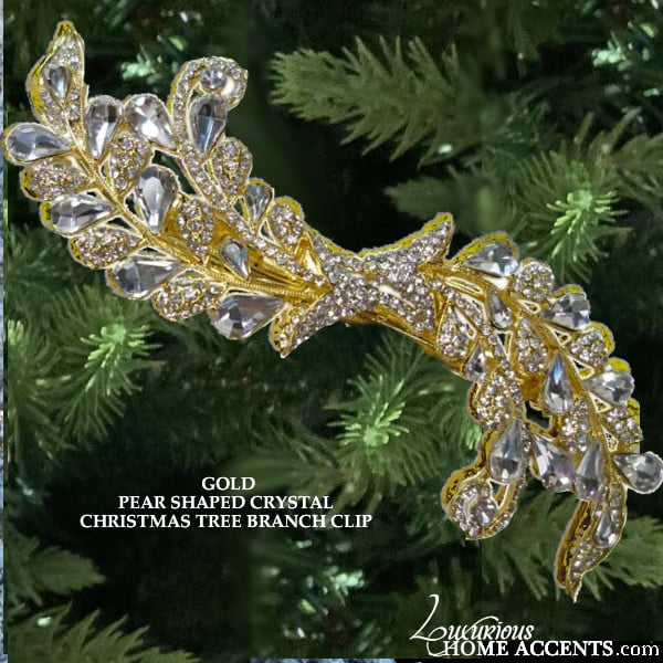 Image of Gold and Crystal Pear Shaped Christmas Tree Branch Clip