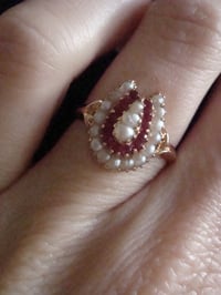 Image 2 of French Edwardian 18ct rose gold natural pearl and Ruby horseshoe ring