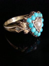 Image 1 of Victorian 15ct yellow gold natural turquoise and pearl shield ring