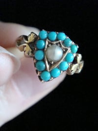 Image 3 of Victorian 15ct yellow gold natural turquoise and pearl shield ring