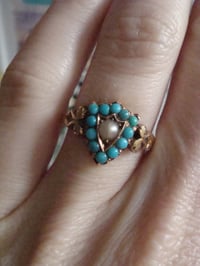 Image 4 of Victorian 15ct yellow gold natural turquoise and pearl shield ring