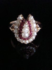 Image 1 of French Edwardian 18ct rose gold natural pearl and Ruby horseshoe ring