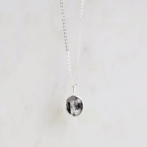 Image of Black Rutilated Quartz oval cut silver necklace