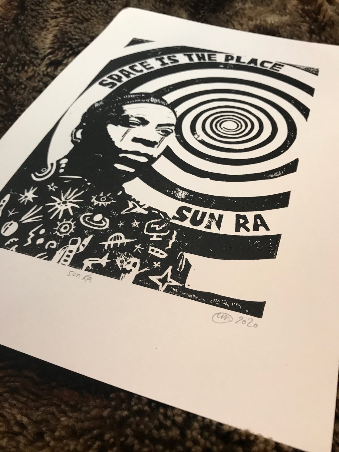 Image of Sun Ra. Space is the Place. Hand Made. Original A4 linocut print.