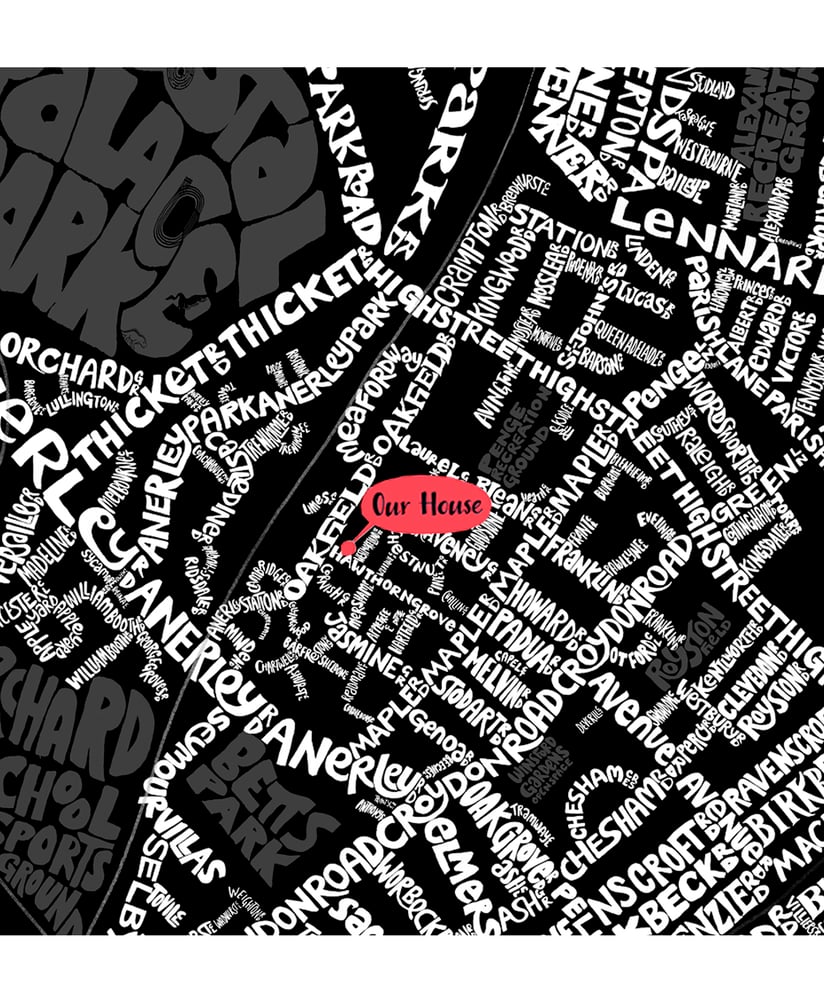 Image of Penge & Anerley SE20 - SE London Type Map - White text on black background