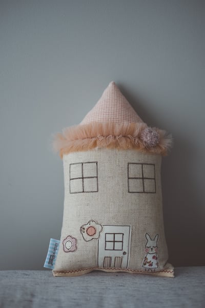 Image of Petite bunny house cushion in pink gingham