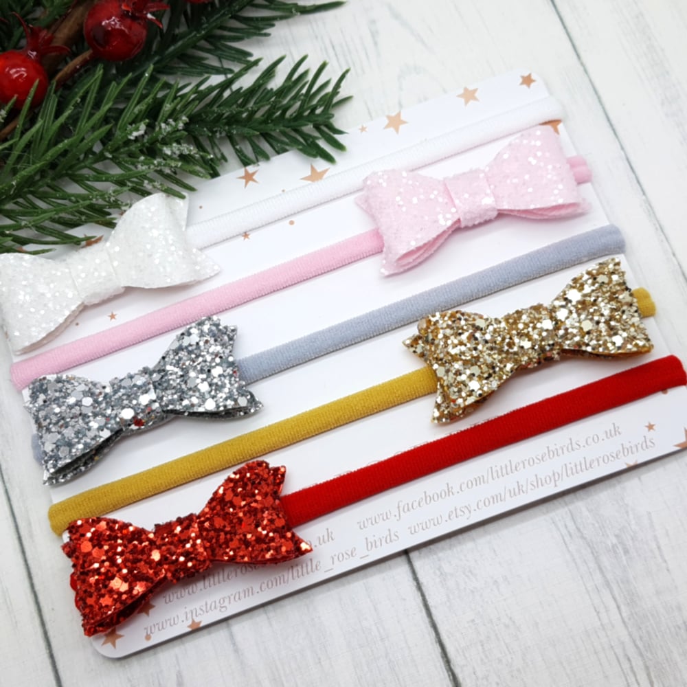 SET OF 5  Christmas Glitter Bows On Headband or Clips
