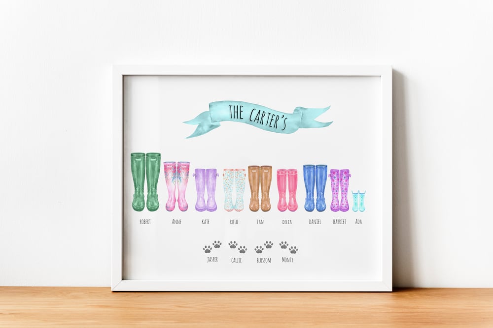 Image of Watercolour, personalised Family Wellington Boot print