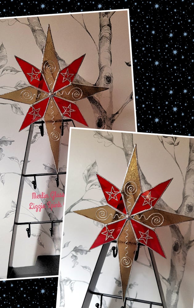Image of Red and Iridescent Gold Christmas Tree Star Topper