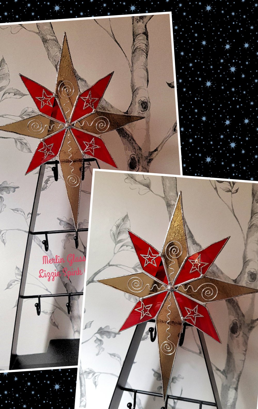 Image of Red and Iridescent Gold Christmas Tree Star Topper