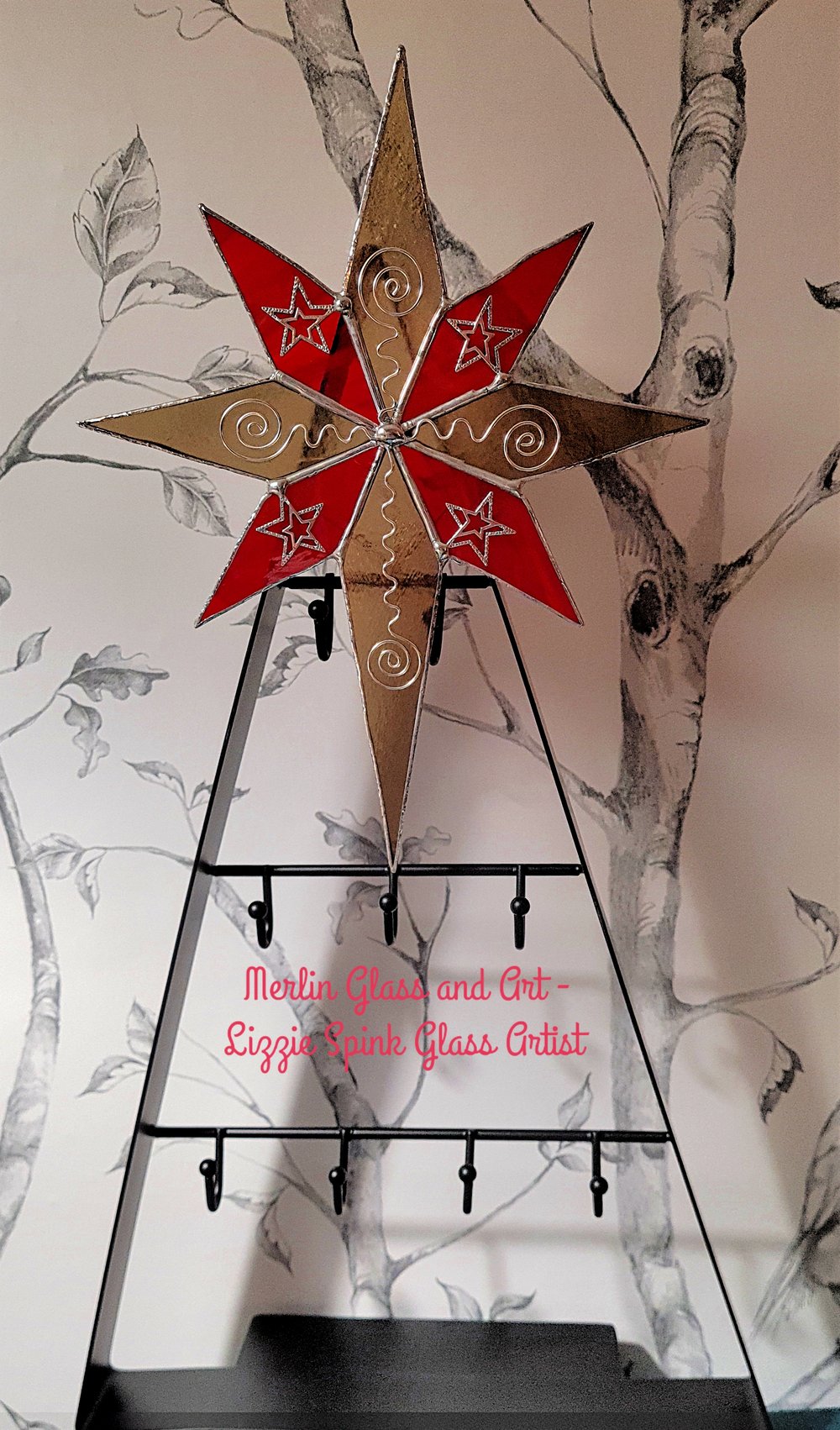 Image of Red and Iridescent Gold Christmas Tree Star Topper