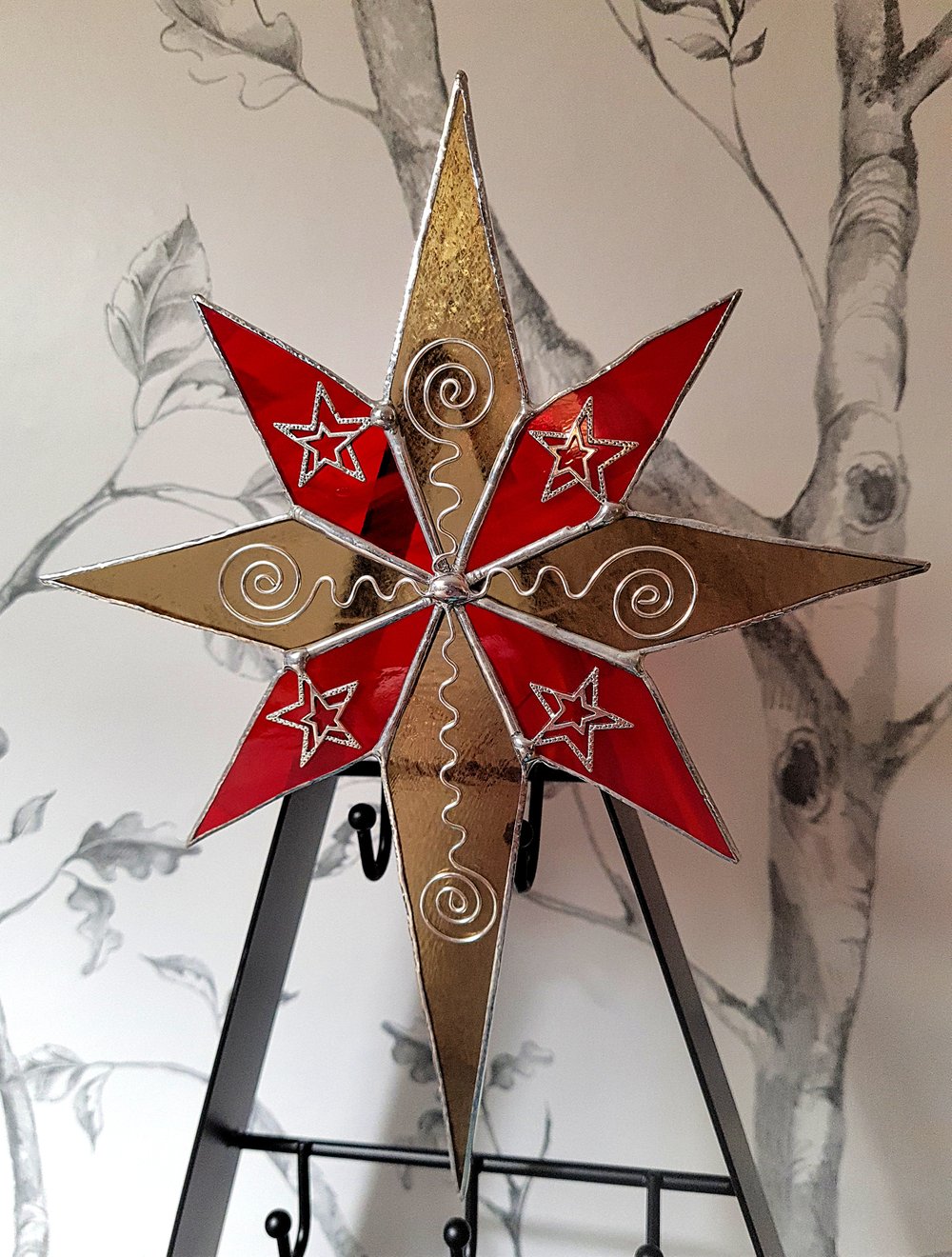 Image of Red and Iridescent Gold Christmas Tree Star Topper