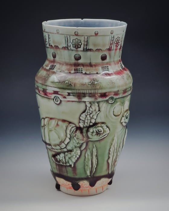 Image of Sea Turtles Rising Handcarved Porcelain Vase