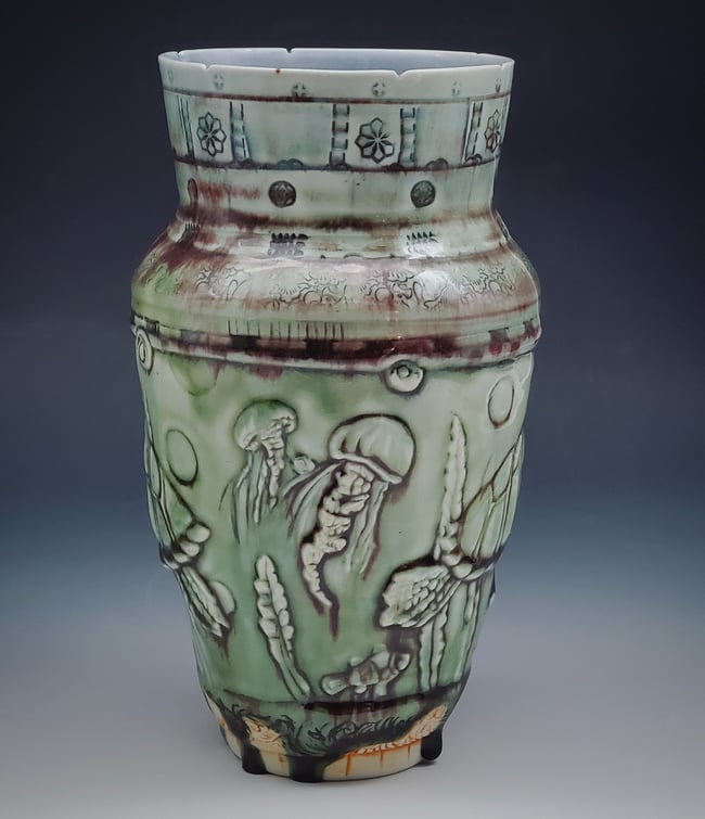 Sea Turtles Rising Handcarved Porcelain Vase