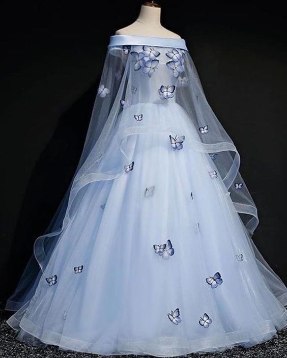 Blue Tulle Long Sweet 16 Gown, Light Blue Ball Gown Party Dress