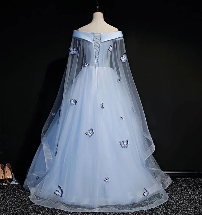 Blue Tulle Long Sweet 16 Gown, Light Blue Ball Gown Party Dress