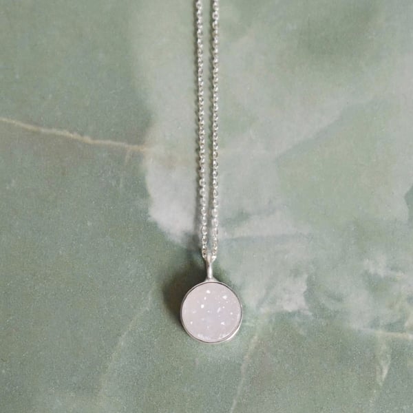 Image of White Agate Druzy round cut silver necklace