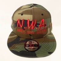 Image 1 of N.W.A. & New Era Green Camo Cotton Snapback w/ Red Stitching