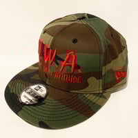 Image 3 of N.W.A. & New Era Green Camo Cotton Snapback w/ Red Stitching