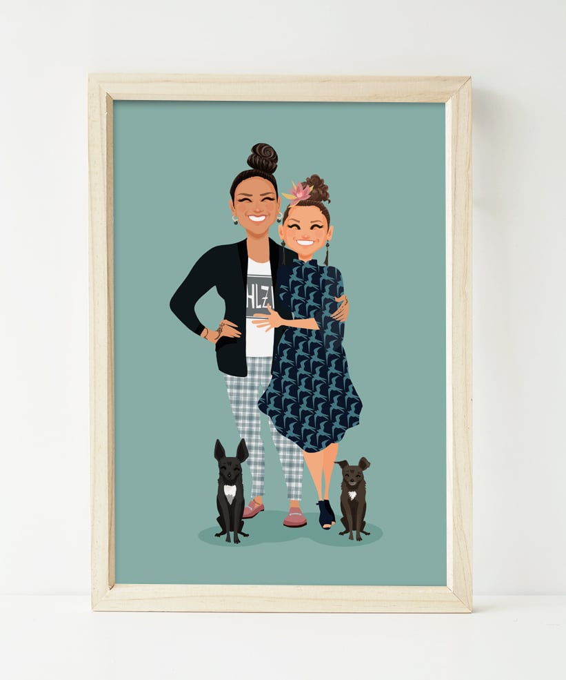Image of Couple Custom Portrait and 2 pets
