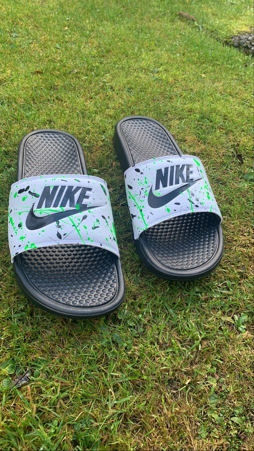 Nike slides neon green and black paint 