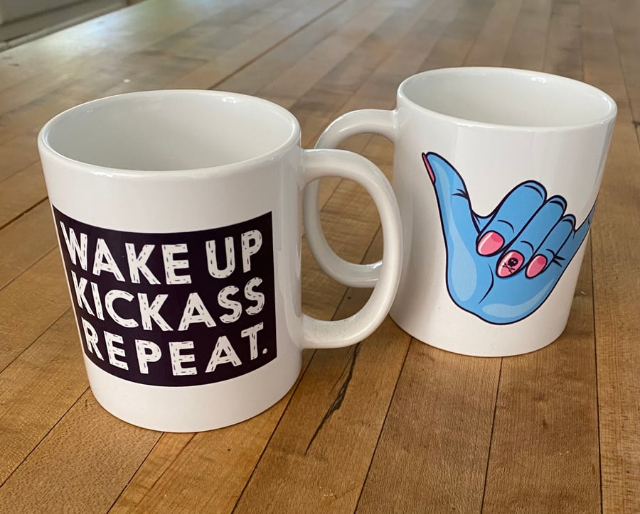 Image of Shaka Wake Up Kickass Repeat Coffee Mugs 