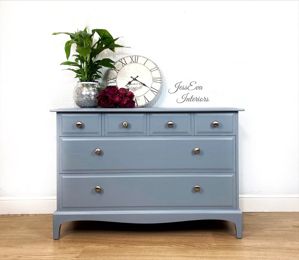 Stag Minstrel Chest Of Drawers / Tallboy painted in navy blue with gold