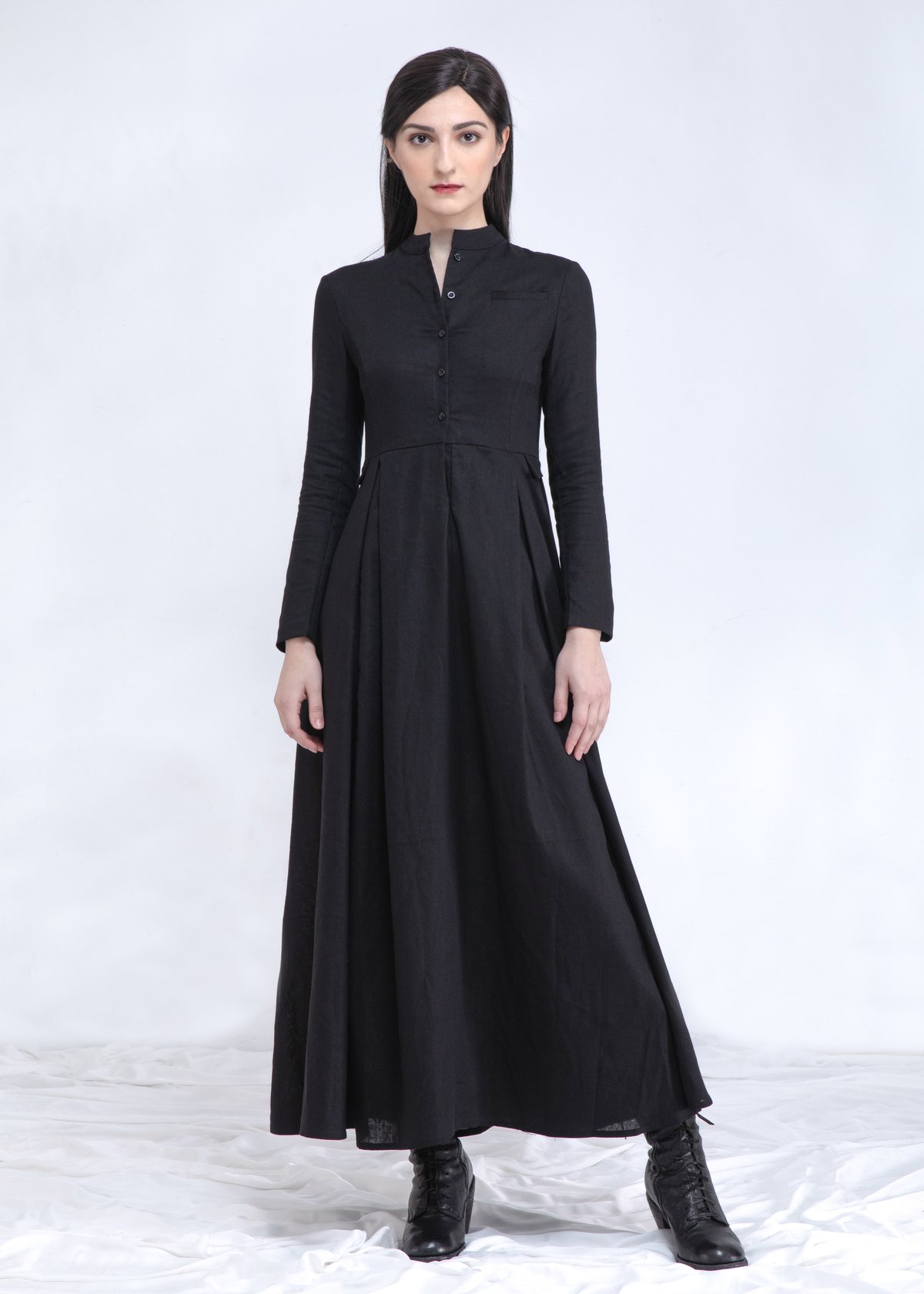 Image of Fitted Linen Shirt Maxi Dress