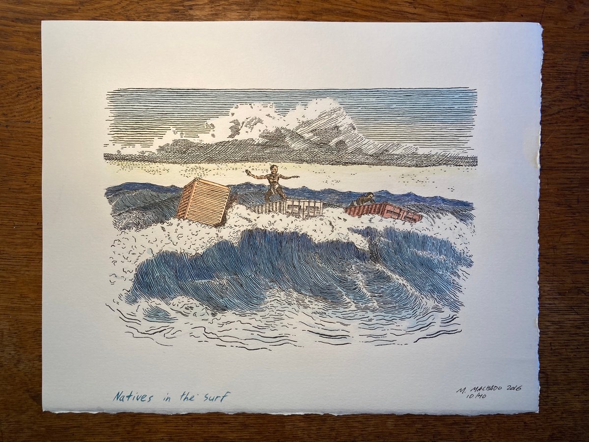 Image of Natives in the Surf (Hand tinted Letterpress Print)