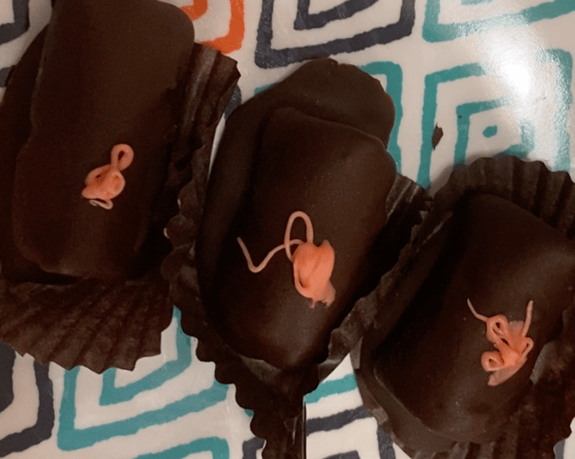 Dark chocolate covered marzipan in a box