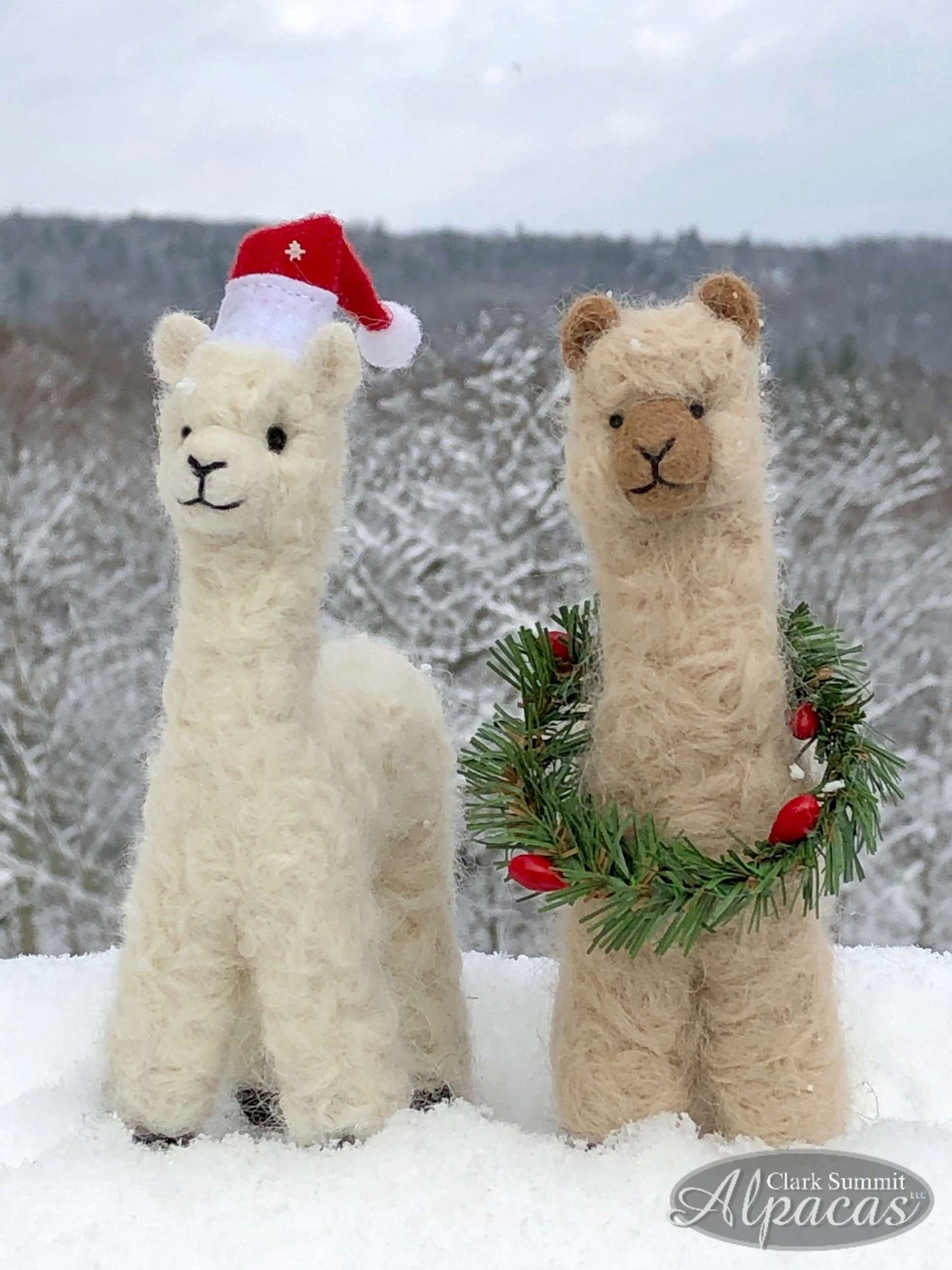 Alpaca Holiday Ornament with Wreath or Santa Hat - Little Llama Christmas Decor