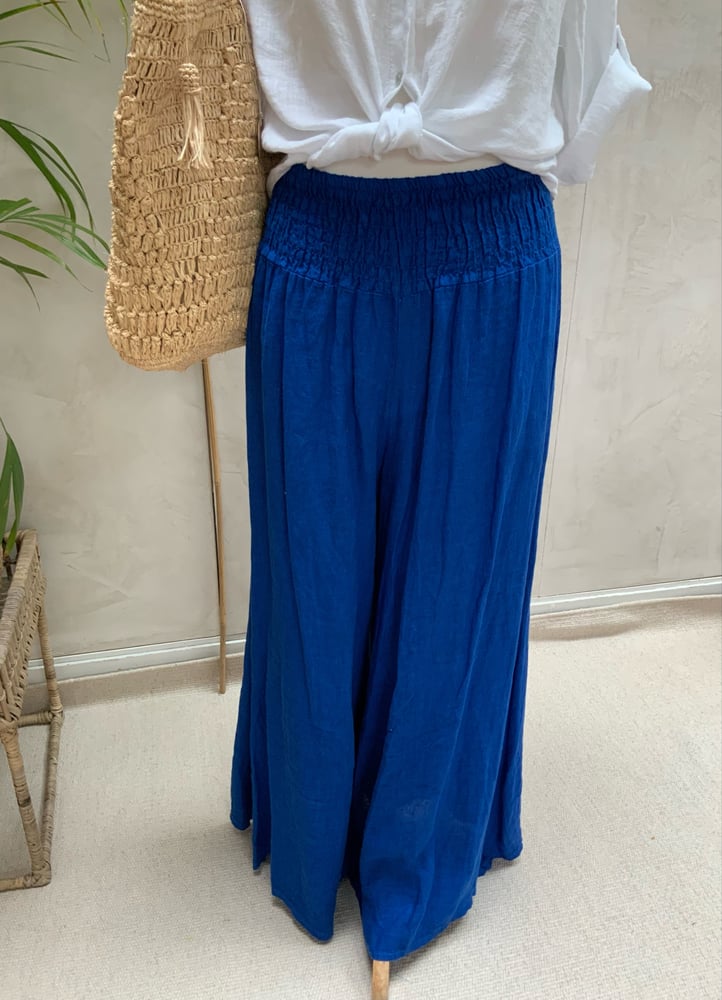 Image of Pantalon en lin palazzo Bleu Mykonos