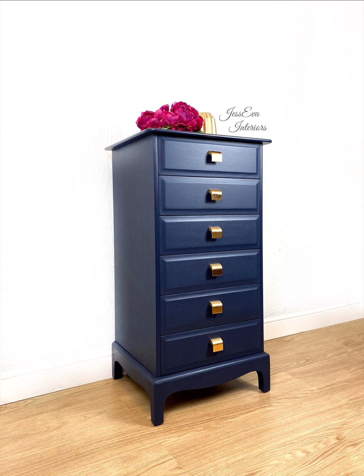 Stag Minstrel Tallboy / Chest of Drawers painted in navy blue with gold handles 