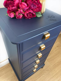 Image 3 of Stag Minstrel Tallboy / Chest of Drawers painted in navy blue with gold handles 
