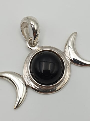 Image of BLACK ONYX Triple Moon Silver Pendant