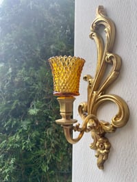 Image 1 of Pair of Vintage Gold wooden wall scones with diamond cut  amber votives