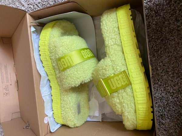 Lime green Flufflita Ugg slides